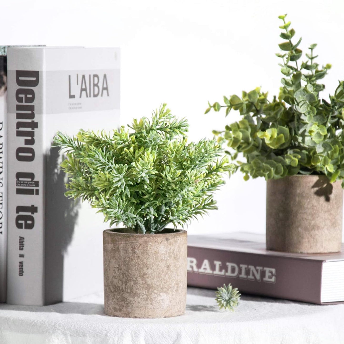 Der Rose 3 Pack Mini Potted Fake Plants Artificial Plastic Eucalyptus Plants Topiaries for Home Office Desk Farmhouse Shelf Room Bathroom Decor(Sage Green)