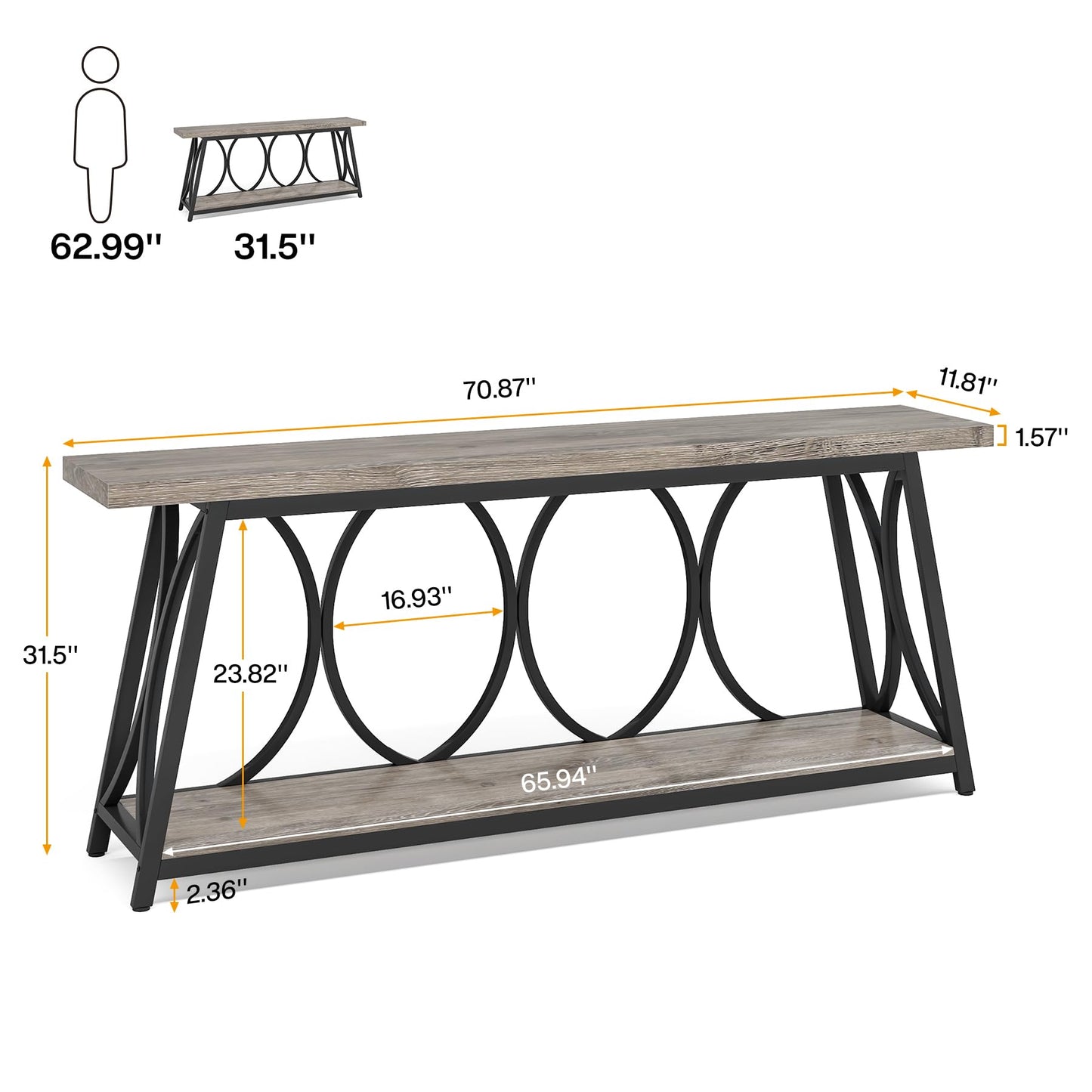 Tribesigns 70.9 inch Extra Long Console Table, Industrial Sofa Table Behind Couch with 2 Tier Storage Shelf, Narrow Entryway Hallway Accent Table for Living Room, Grey