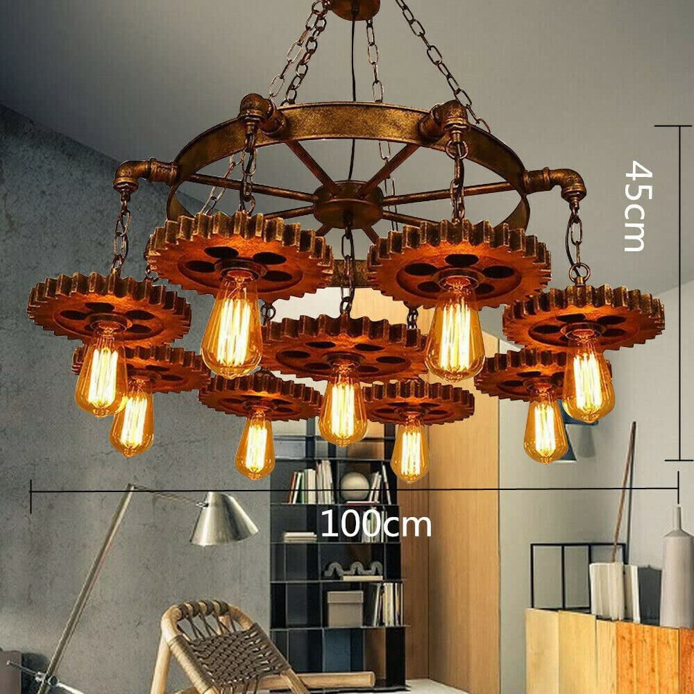 Flhonudi 9-Light Retro Industrial Pendant Light Metal Gear Hanging Lamp Farmhouse Chandelier Pendant Lamp Fixture Adjustable Height for Restaurant Pool Table Kitchen Island Bar