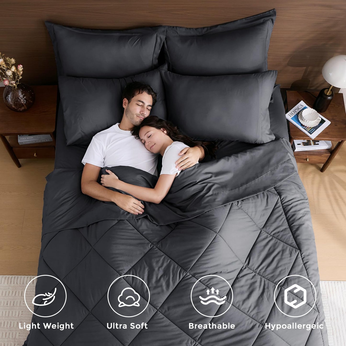 HEVUMYI 7 Pieces Queen Comforter Set, All Season Reversible Bed in a Bag, Ultra Soft Queen Bedding Set with Grey Comforter, Flat Sheet, Fitted Sheet, Pillowcases, Pillow Shams, Dark Grey