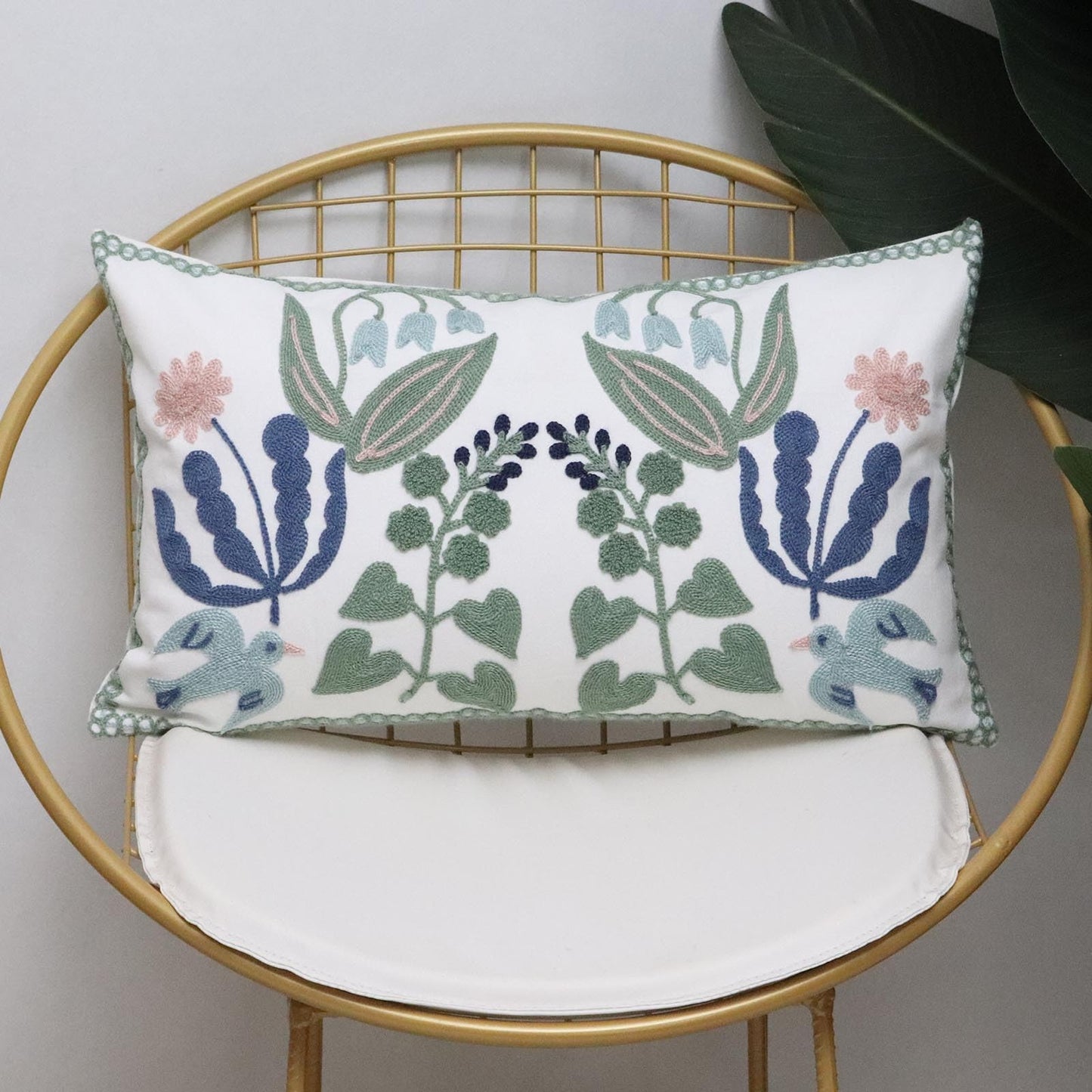 Pilmandu Pack of 2 Embroidered Decorative Throw Pillow Cover 18x18 Inch Farmhouse Floral Pillowcase for Living Room Sofa Bed (Bird Flower-Waist)