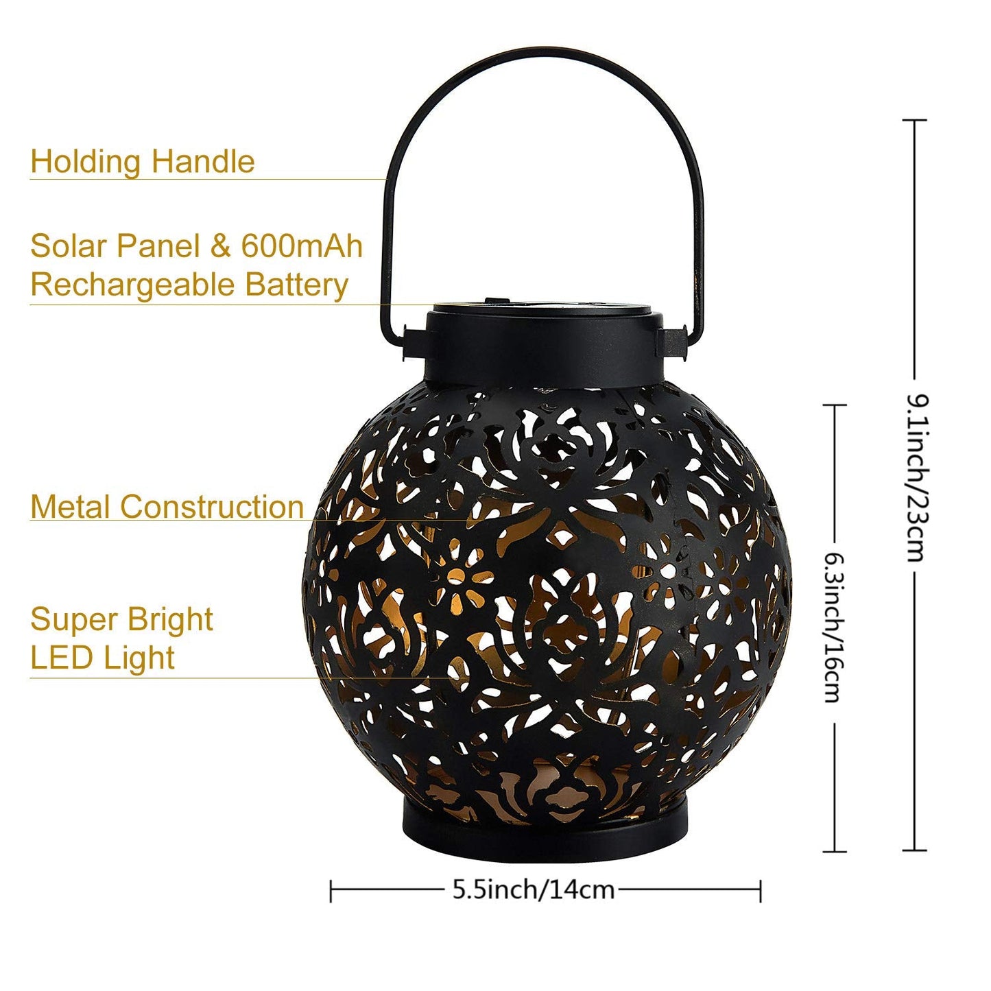 EXCMARK 2 Pack Outdoor Solar Hanging Lantern Lights Metal LED Decorative Lamp for Garden Patio Courtyard Lawn and Table with Hollowed-Out Design (Black)