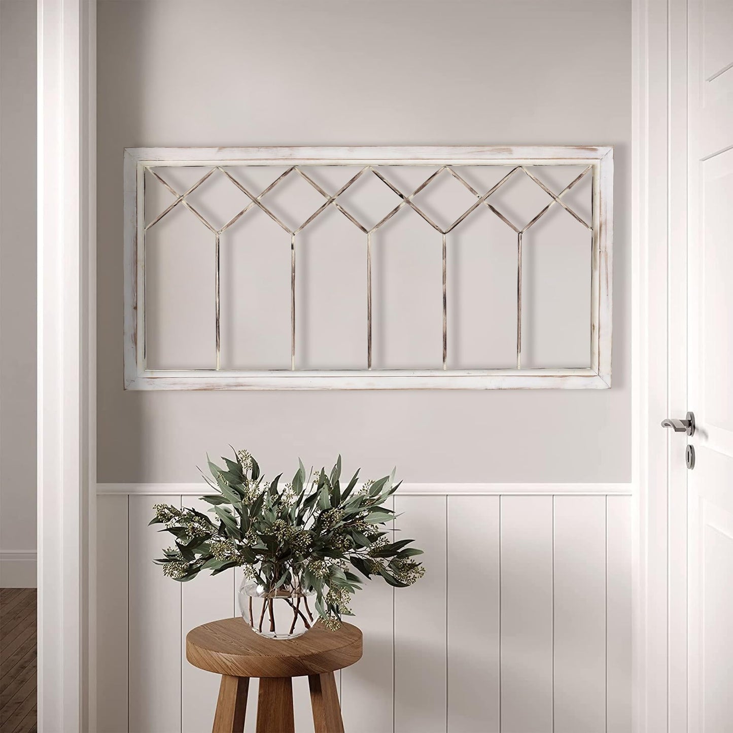 Oakrain Wood Window Frame Wall Art, 39"x 20" Rustic Wall Decor, Farmhouse Window Pane Decor for Wall, Decorative Wall Sculptures for Living Room, Bedroom, Entryway, Hallway, Distressed White