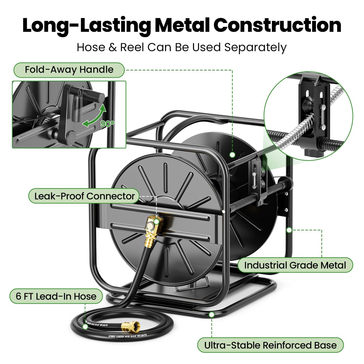 SPECILITE Garden Hose Reels, Holds 100 to 200 FT Hoses, Upgraded Guide System, 360° Swivel Base, Includes 5/8'' x 6ft Leader Hose for Outside, Yard, Wall Mount/Floor Water Pipe Spool