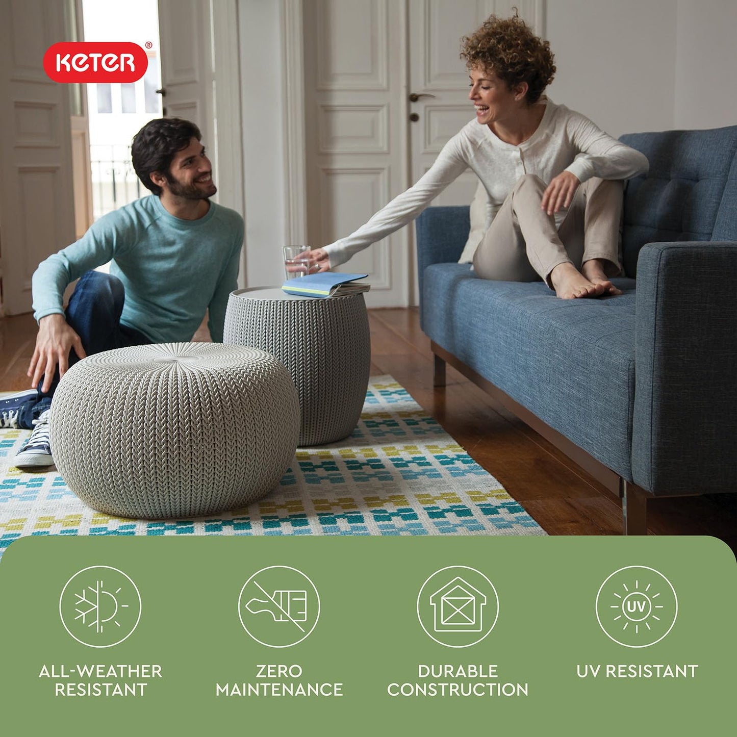 Keter Urban Knit Pouf Ottoman Set of 2 with Storage Table for Patio and Room Décor - Perfect for Balcony, Deck, and Outdoor Seating, Grey & White