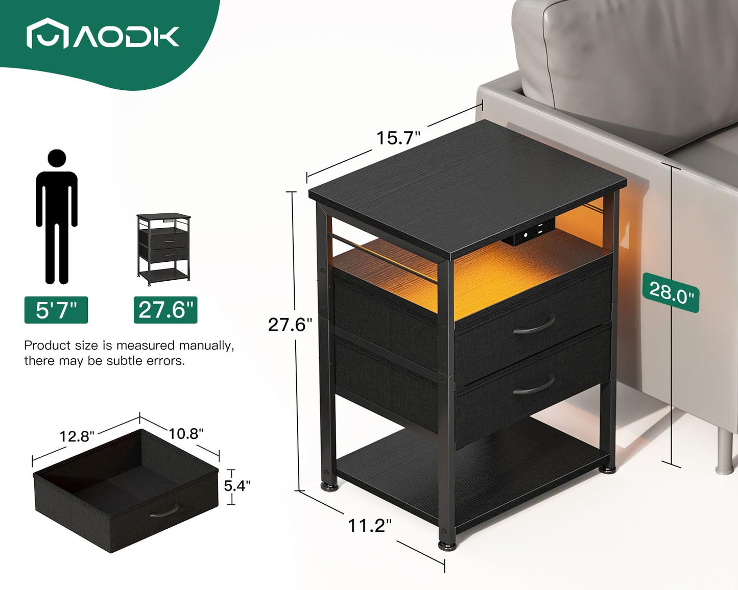 AODK Nightstand with Charging Station & LED Lights, 27.6" Tall Bedside Table with 4-Tier Storage, 2 Fabric Drawers & 2 Open Shelves, Space-Saving End Table for Bedroom, Black