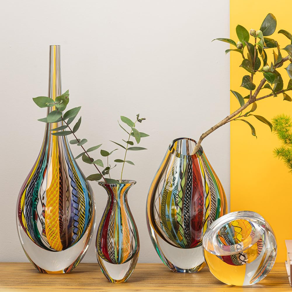 Ca D Oro Small Glass Vase Boho with Colored Canes Hand Blown Murano-Style Art Glass - Model Nº 2