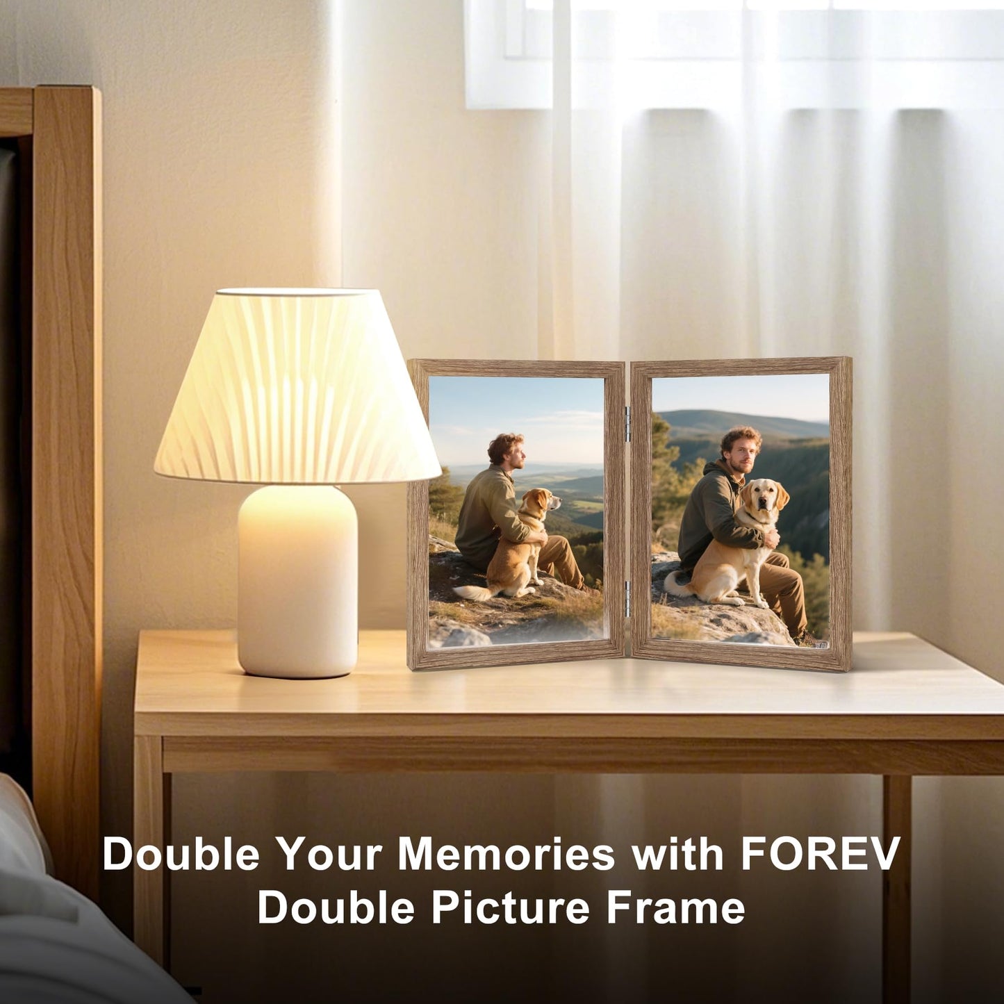 FOREV 4x6 Double Picture Frame Wooden Hinged Photo Frame Definition Glass Stand Vertically on Desktop or Tabletop