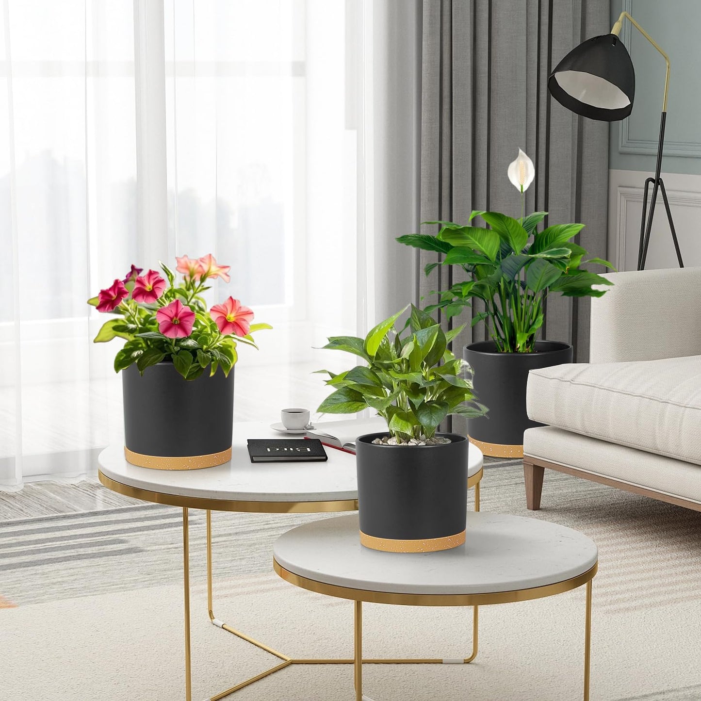 Meowell 8/7/6 inch Flower Pots, 3 Pack Cylinder Plant Pots for Outdoor Indoor Plants, Decorative Plastic Planters with Drainage Holes and Saucers for Garden House Plants, Black with Brown
