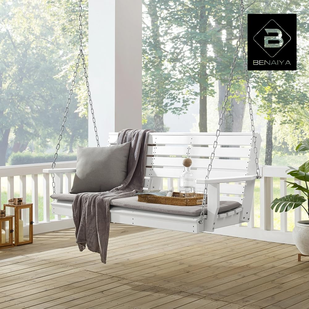 BENAIYA Heavy Duty Poly Lumber HDPE Porch Swing with Mounting Kit and Accessories Outdoor Hanging Chair with Cup Holders Swinging Bench for Patios, Backyard Poly Wooden Seating, Sturdy Steel Chains