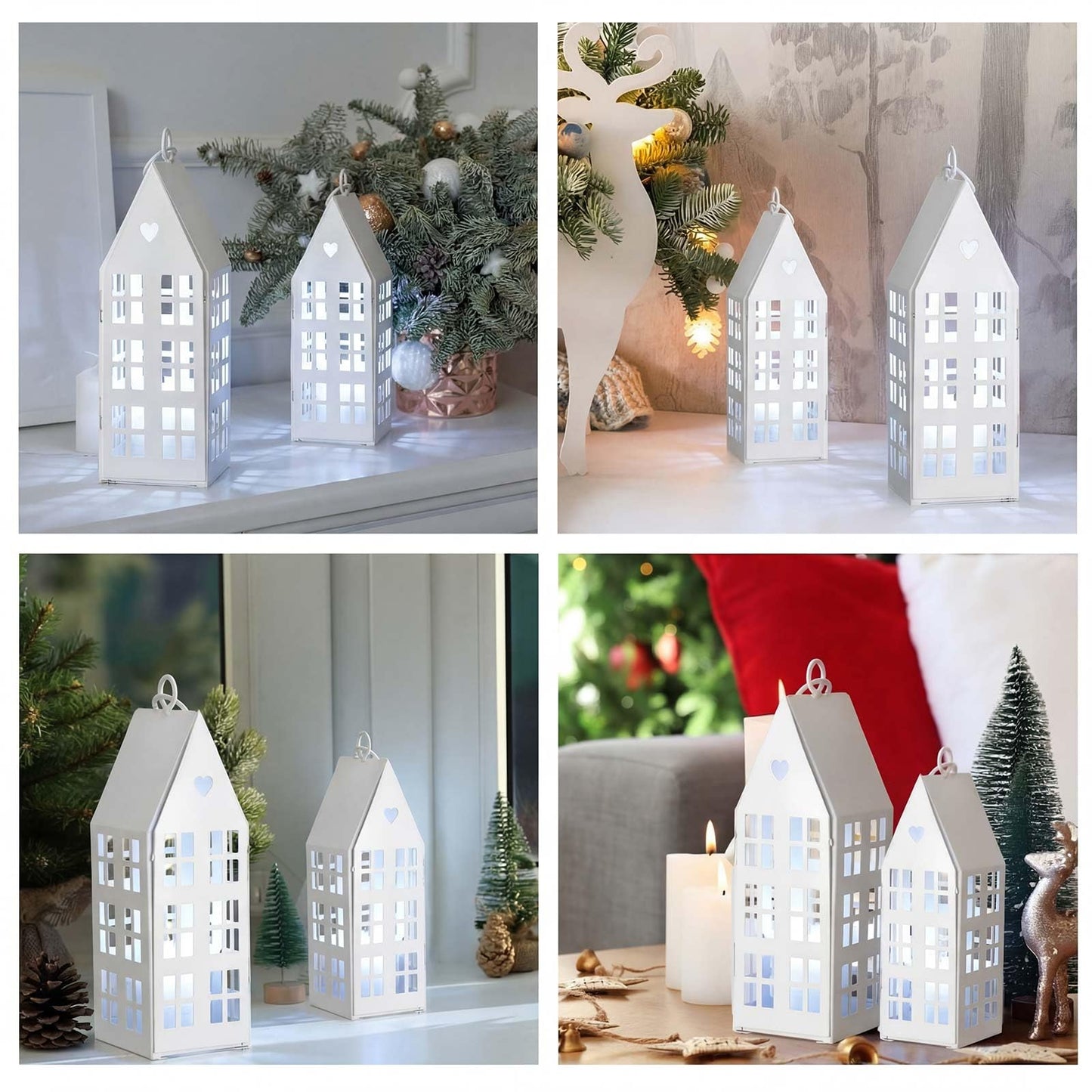 SiliFine 2 Set White Farmhouse Village Sets with 2 Pcs White Candles Rustic Houses Village Decor Metal Modern Lantern Decorative for Wedding Valentine's Day Home, Tabletop, Shelf Decor