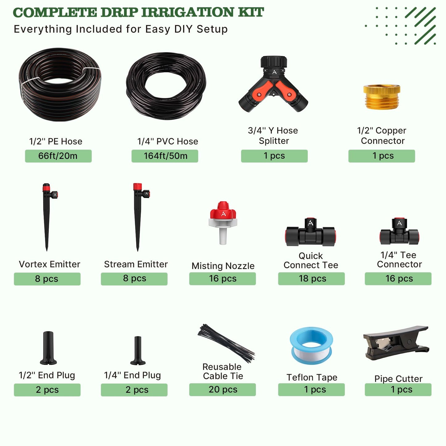 A ANLEOLIFE 230FT Drip Irrigation System Kit, Complete Garden Watering System with 1/2” & 1/4” Quick-Connect Tubing, 32 Adjustable Emitters for Raised Beds, Lawn, Greenhouse, Potted Plants