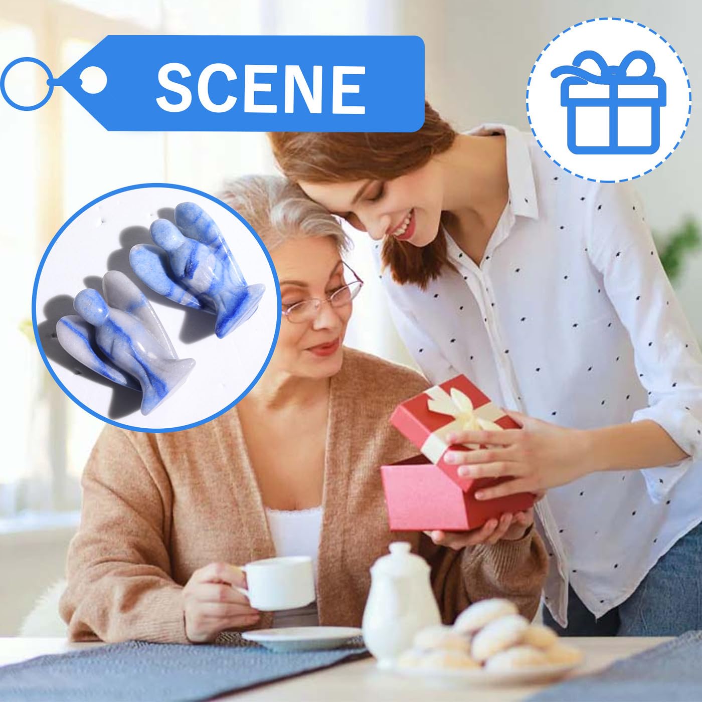 QINJIEJIE Blue Aventurine Crystals Angel Decor Peace Statue Stone Guardian Angel Healing Hand Carved Natural Gemstones Pocket Figurines Room Home Office Decorations Gifts for Women