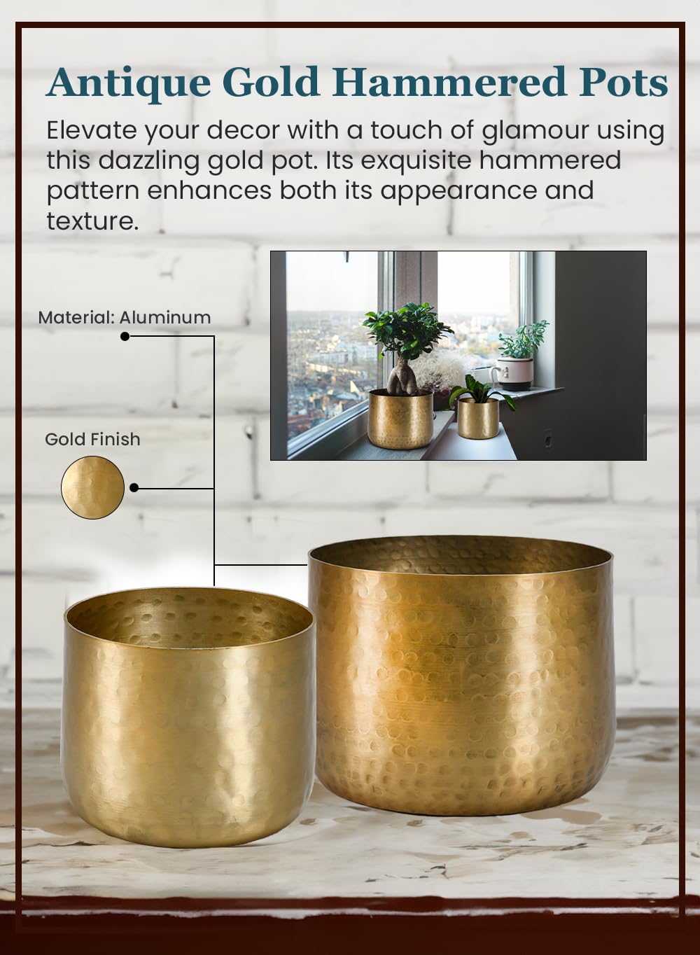 Serene Spaces Living Antique Brass Look Gold Hammered Pots, Indoor Planter, Decorative Accent for Potted Plants, Gold Flower Vase for Wedding or Event Centerpiece, Extra Small, 5" Diameter & 4" Tall
