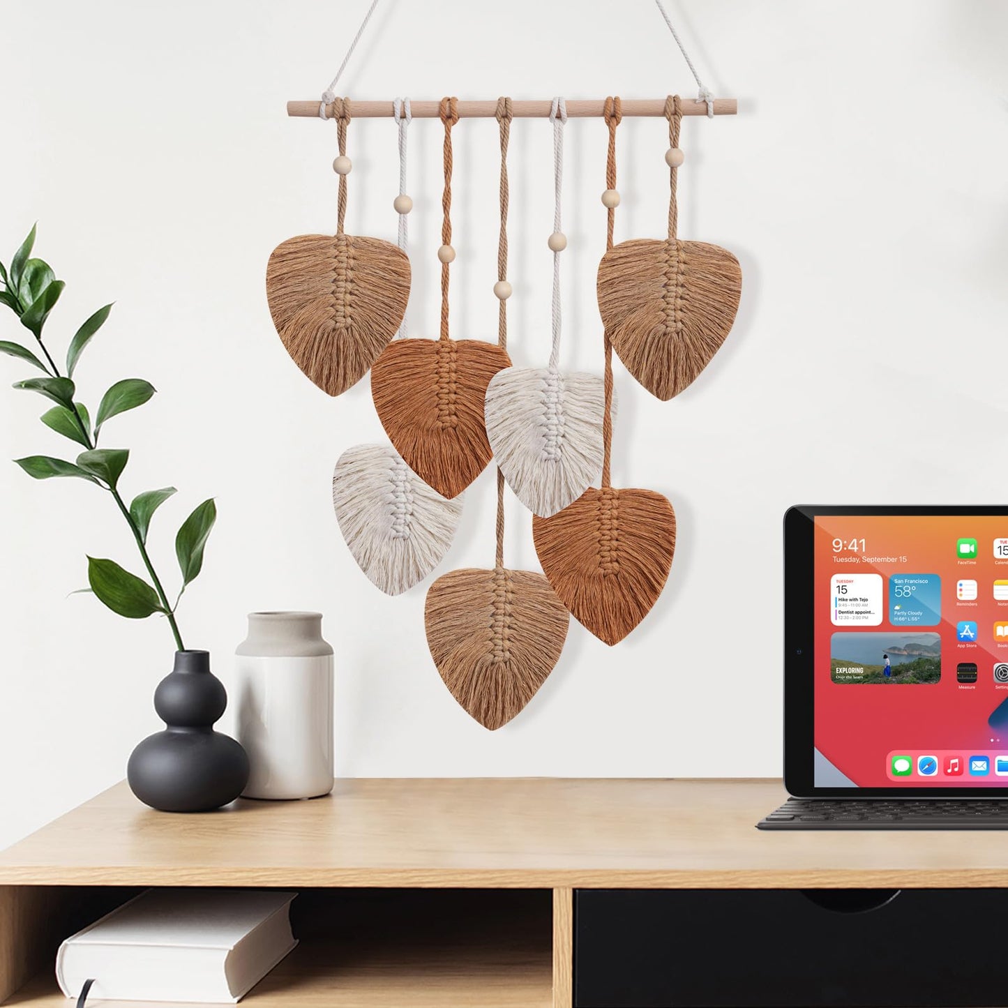 EaseMyKit Wall Hanging Decor Leaves Tapestry, Boho Wall Decor Woven Feather Handmade Yarn Tassels Leaf Macrame Wall Art Decorations for Living,Bedroom,Office,Nursery,Apartment Room,16x22 Inch(Brown)