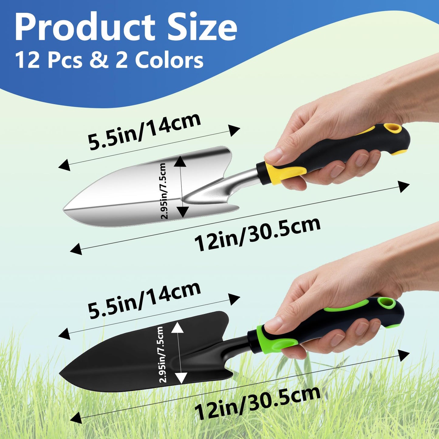 PIEMEET 12 Pcs Garden Shovel, Aluminum Alloy Trowel Garden, Heavy Duty Small Shovels, Metal Hand Trowel, Hand Shovel with Ergonomic Handle, Gardening Tools for Digging Weeding Planting Transplanting