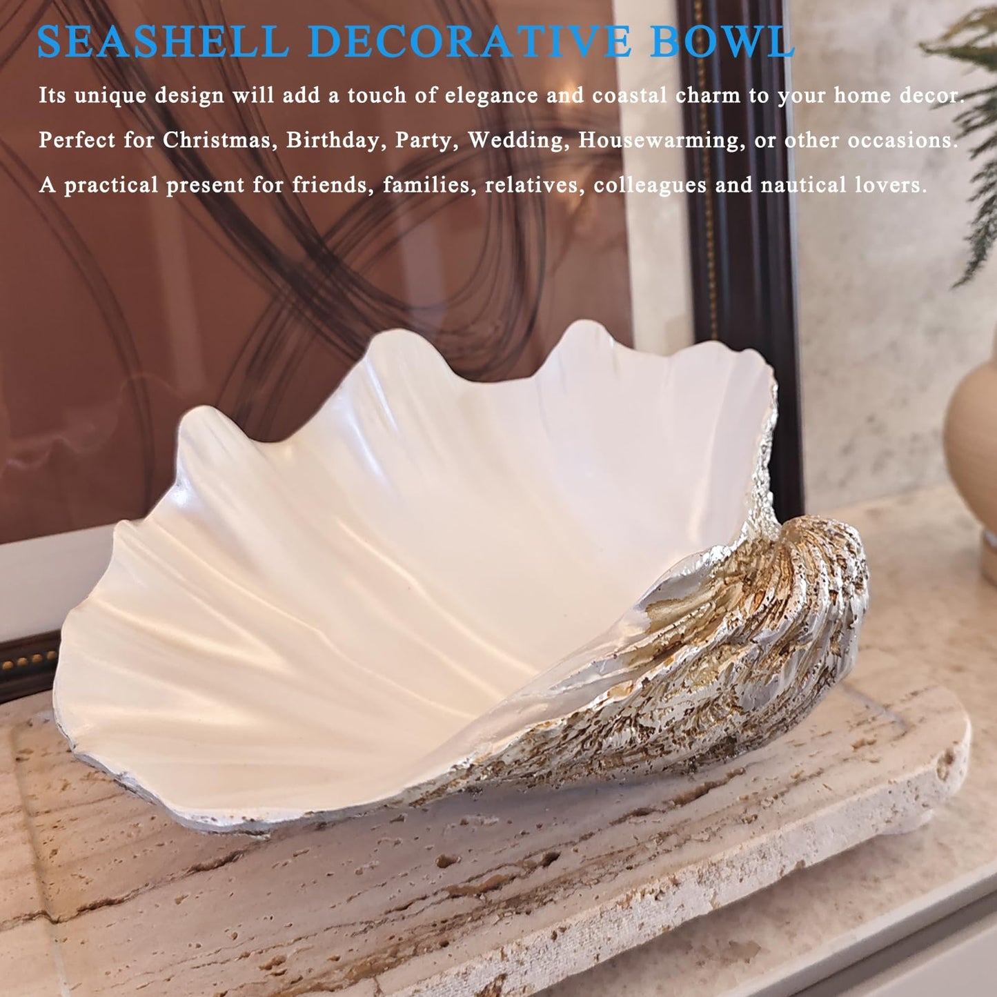 Afadorable Resin Seashell Decorative Bowl Large Clam Shell Storage Bowl for Coffee Table Centerpiece Home Kitchen Entryway Table Decor Beach Themed Wedding Party Decoration (Silver-Pearl White)