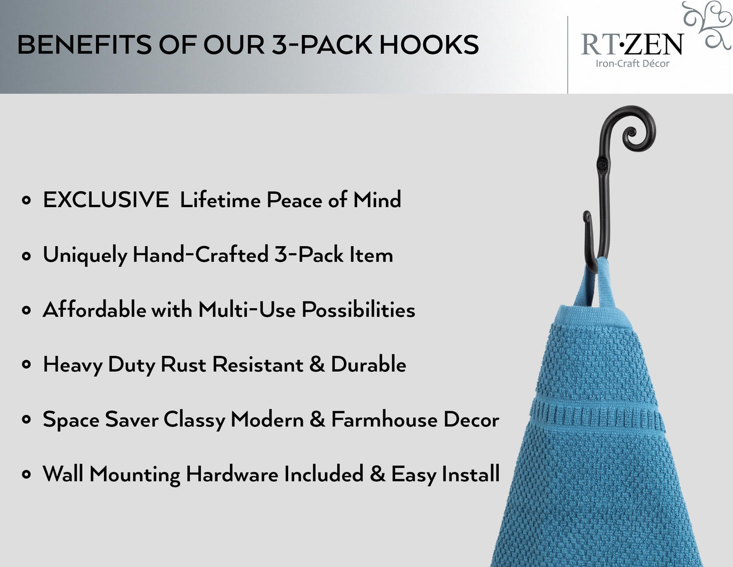 RTZEN Wall Mount Hook Set - Wrought Iron Decorative Rustic Metal Coat Hooks for Hanging - Handcrafted Classic Farmhouse Wall Mounted Black Hooks for Towel Robe or Hat Hanging - 3 Pack