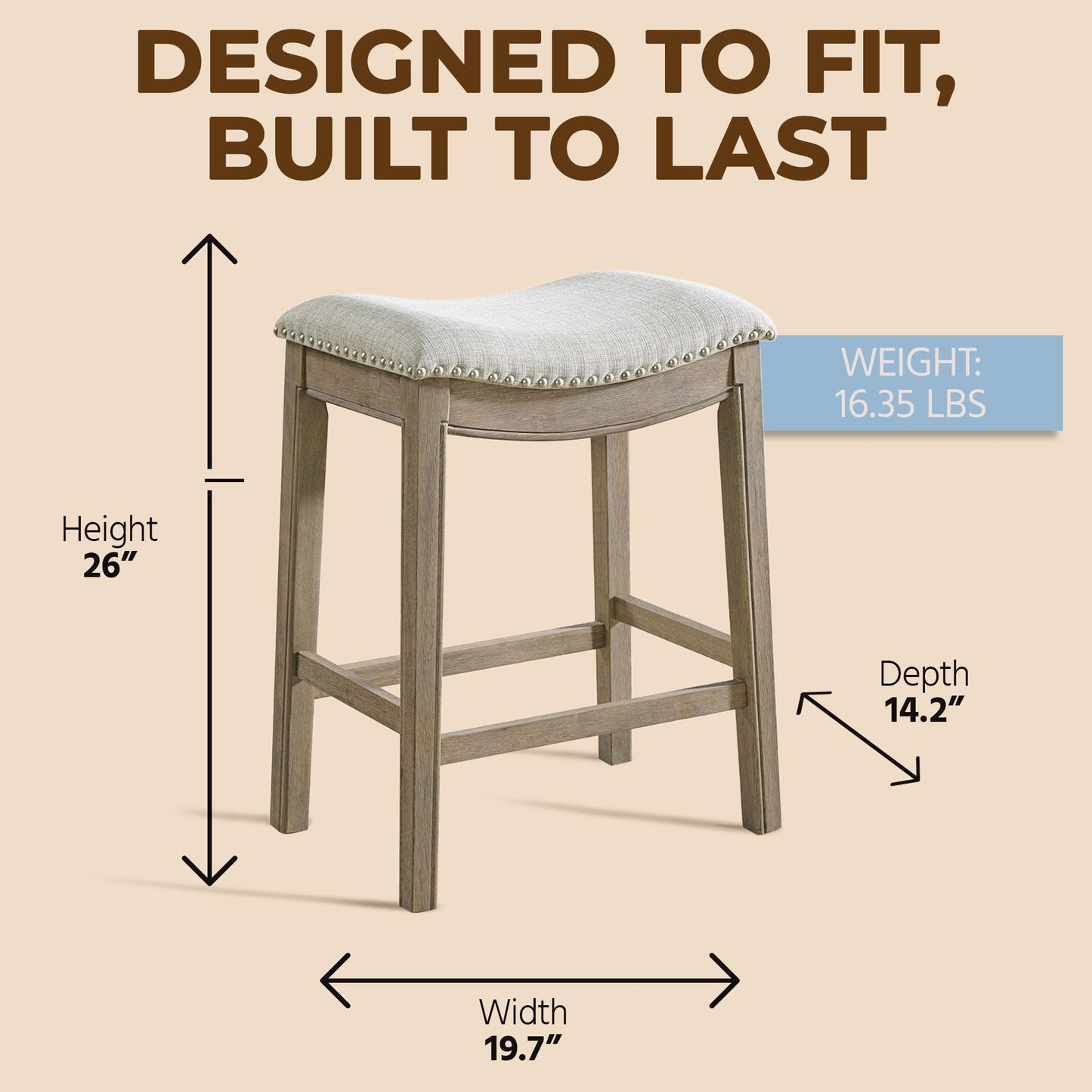ROME + OAK Parker 26 Inch Counter Stool, Backless Saddle Kitchen Barstool in Reclaimed Oak Finish with Ash Grey Fabric Upholstery Cushion Seat