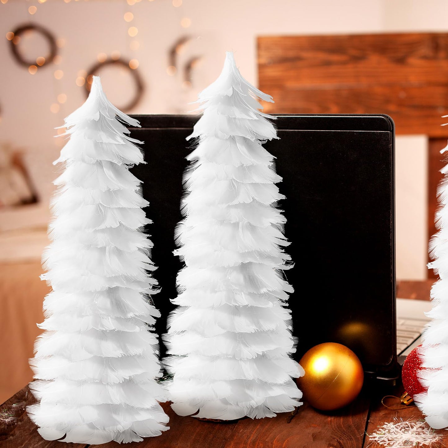 Liliful 4 Pcs Christmas White Feather Tree with Glitter Tips 12'' Table Top Feather Christmas Tree Xmas Trees Tabletop Decorations Centerpieces for Winter Wedding Party Shelf Home Decor