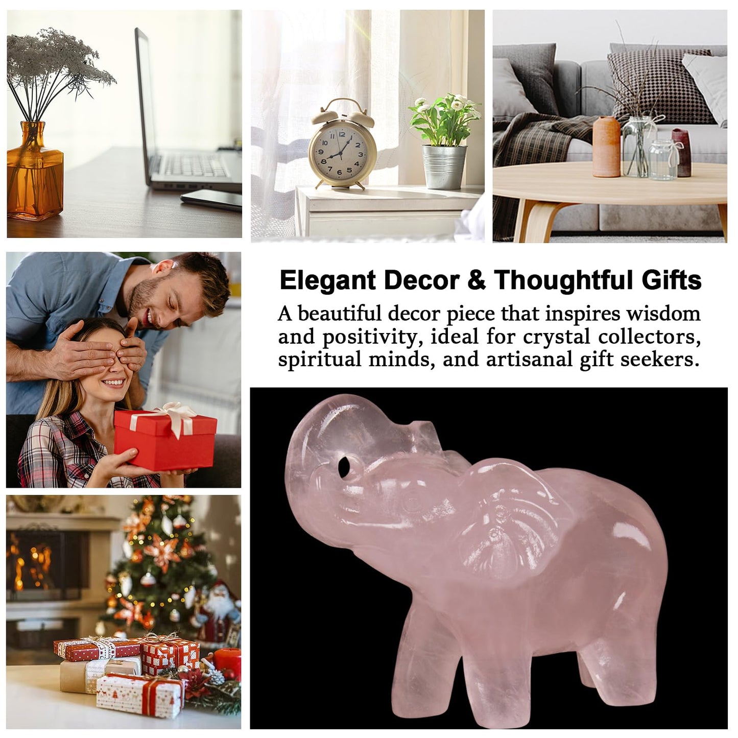 Hguxmcu 2 Inch Rose Quartz Crystal Elephant Sculpture Handcrafted Healing Stone Animal Figurine Spiritual Home Decor Lucky Charm Gift for Wealth Success Positive Energy and Meditation Lovers