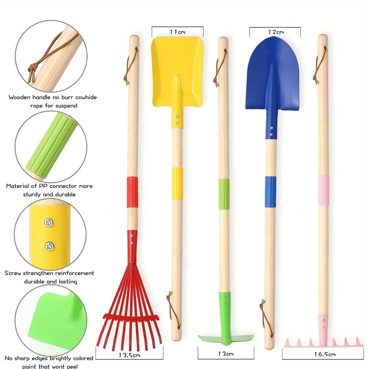 5 PCS 28" Detatchble Kids Gardening Tools, Metal Beach Digging Toys with Sturdy Wooden Handle, Safe Backyard Snow Sensory Playset Including Hoe, Tooth & Leaf Rakes, Flat & Pointed Shovels for Children