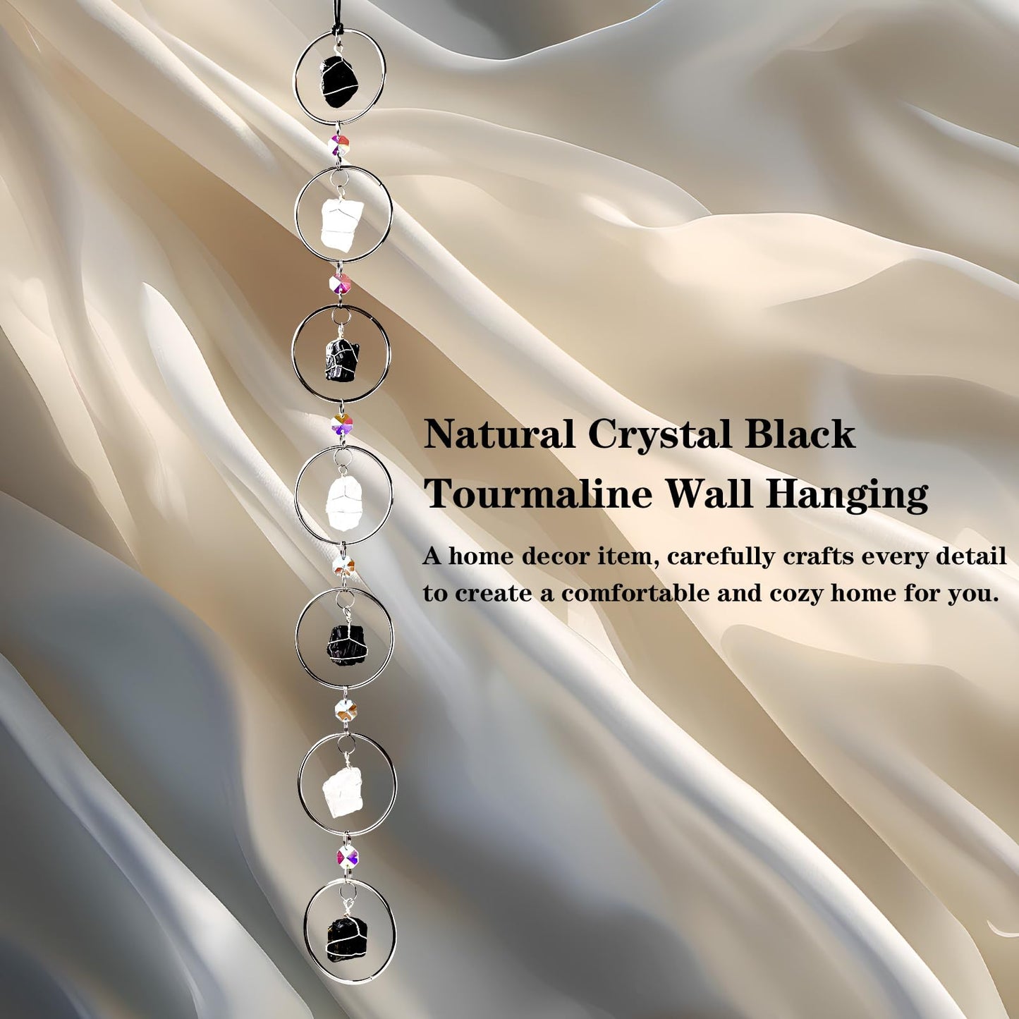 Black Tourmaline Natural Gemstone Wall Hanging - Round Crystal Sun Catcher for Windows, Boho Spiritual Home Decor, Healing Energy Ornament & Unique Gift for Women (Silver)