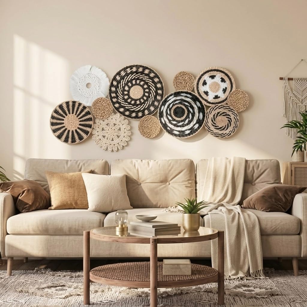 Telsist 11-Piece (Retro) Boho Wall Basket Decor – Handmade Woven Wall Baskets, Bohemian Farmhouse Wall Art, Rustic Hanging Basket Set for Living Room, Bedroom & Kitchen Summer decoration