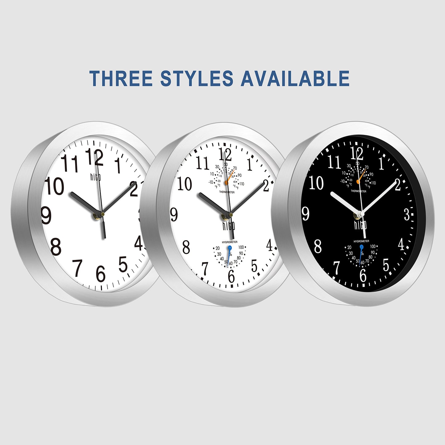 HITO 10 Inch Silent Wall Clock Battery Operated Non Ticking Glass Cover Silver Aluminum Frame, for Kitchen, Bedroom, Home Office, Living Room Decor (Black)