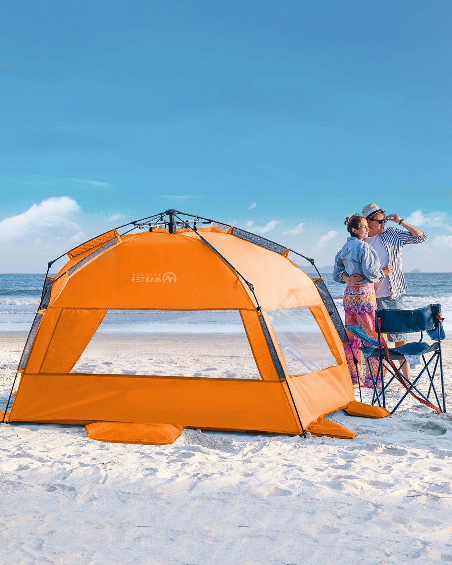 OutdoorMaster Beach Tent Sun Shelter for 3-4 Person, Pop Up Beach Tent Easy Setup with Sandbags, Portable Sun Shade Canopy with Carrying Bag for Beach & Outdoor, UPF50+ UV Protection - Orange