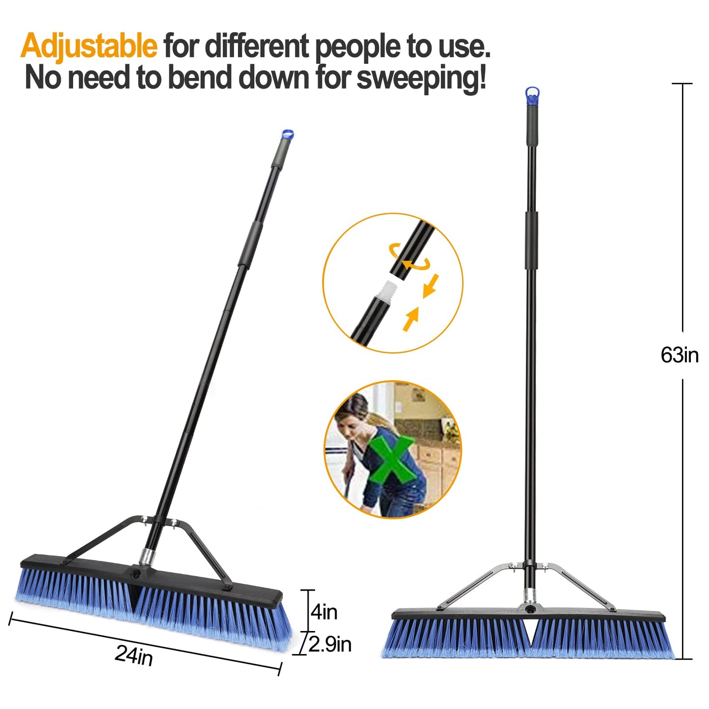 24 inches Push Broom Outdoor for Deck Driveway Garage Yard Patio Concrete Floor Cleaning-Blue-2 Pack