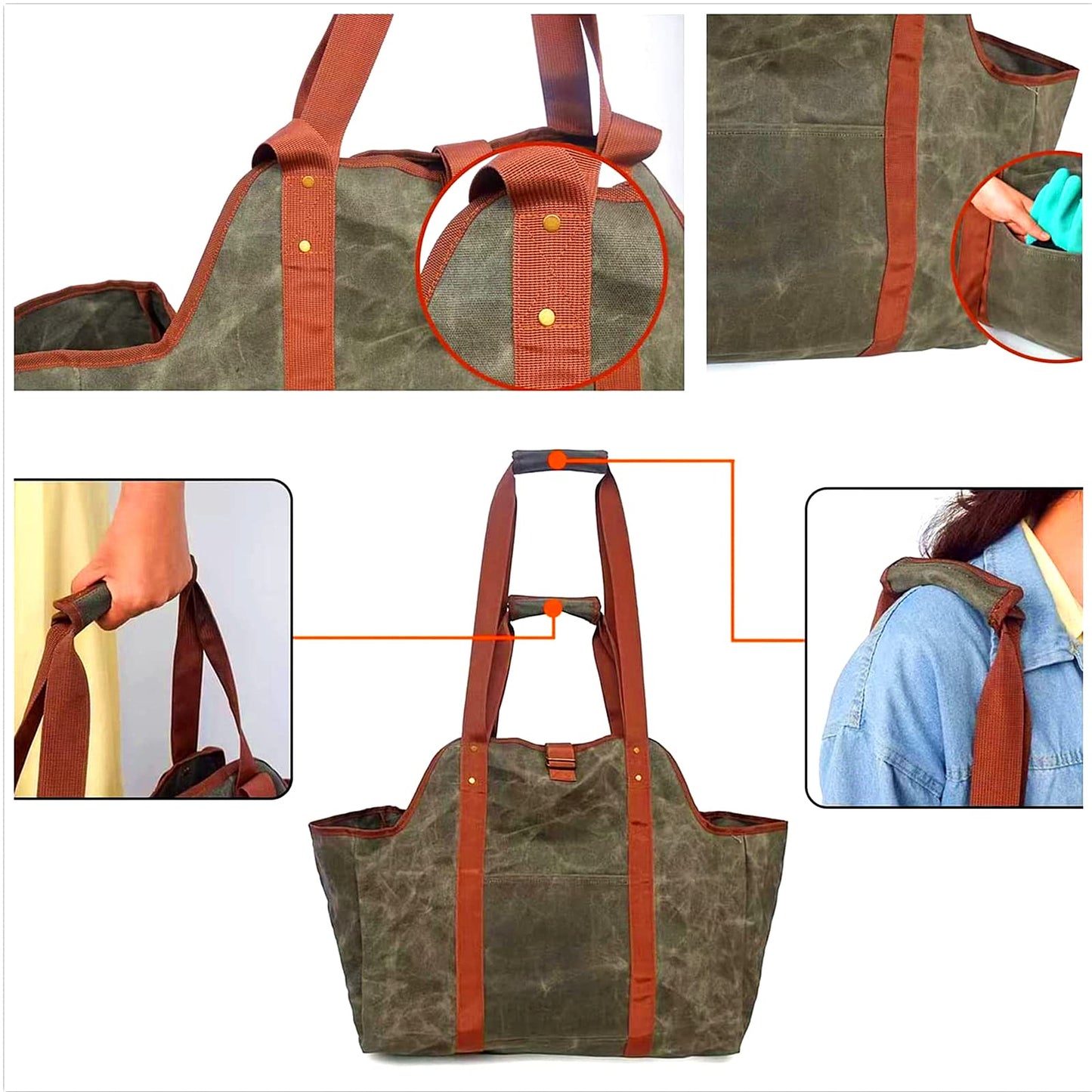Green Leather Indoor Fireplace Log Holder - Wood Carrier for Firewood Rack & Tote