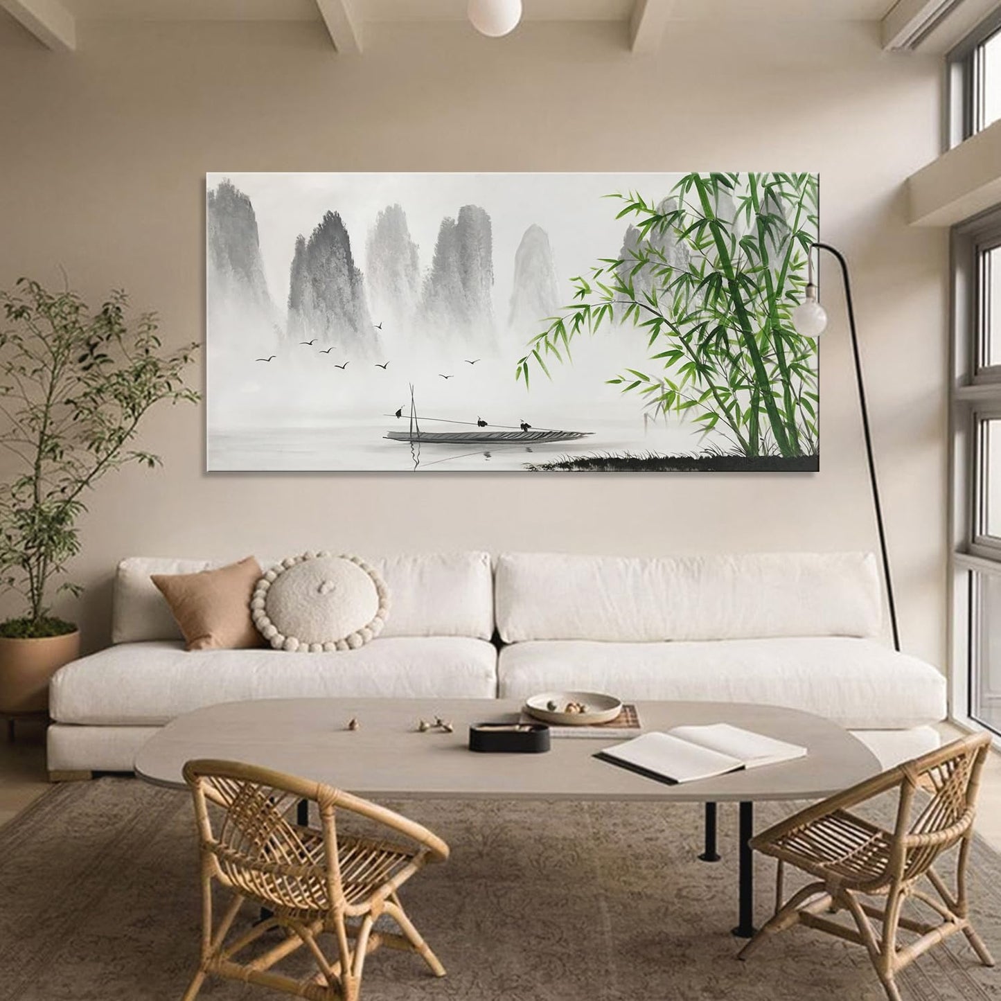 Winpeak Art Traditional Chinese Painting Black and White Landscape Canvas Wall Art Bamboo Artwork