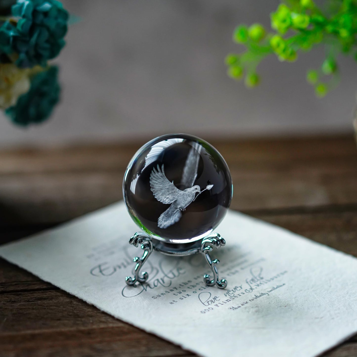 ZEERSHEE 60mm 3D Peace Dove Crystal Ball Figurine with Stand Glass Pigeon Ornament Decor for Home Table