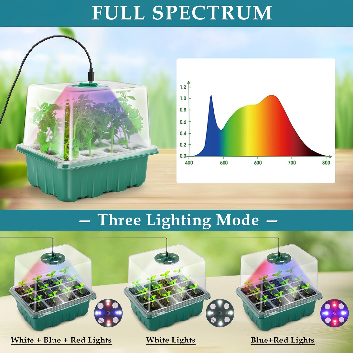 Seed Starter Tray with Grow Light, 60 Flexible Cells 5 PCS Seed Starter Kit, Reusable Seedling Starter Trays with Humidity Dome and High Lid, Germination Trays for Indoor Greenhouse Seed Starter