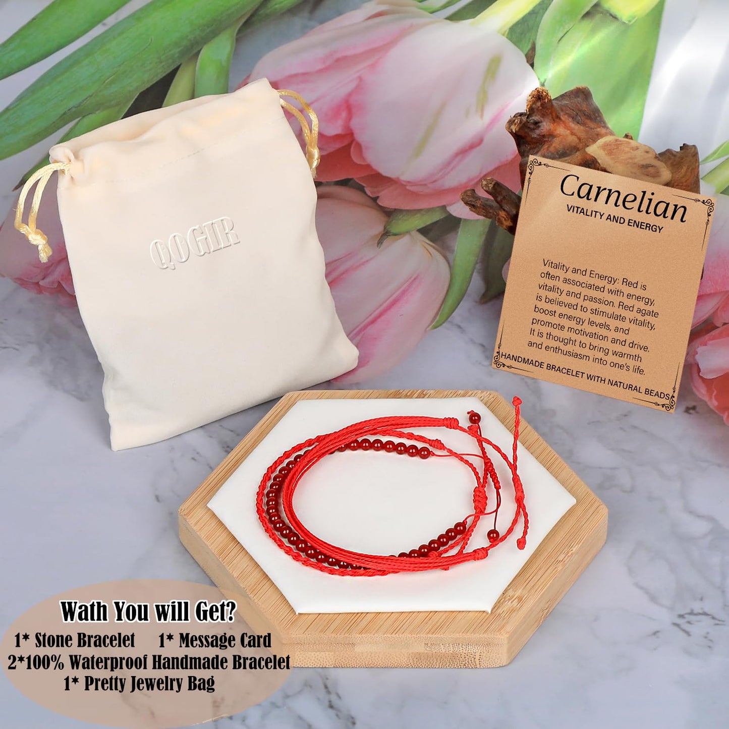 QOGIR Handmade Healing Stones Bracelet,4mm Natural Carnelian Gemstone Beads Bracelet, for Men Women Gifts with 2PCS Size Adjustable Rope Bracelets