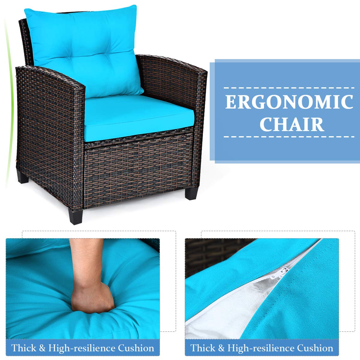 COSTWAY 3PCS Patio Furniture Set, PE Rattan Wicker Sofa w/Washable Cushion and Coffee Table, Tempered Glass Tabletop, Outdoor Conversation Set for Balcony, Porch, Yard, Backyard, Lawn, Turquoise