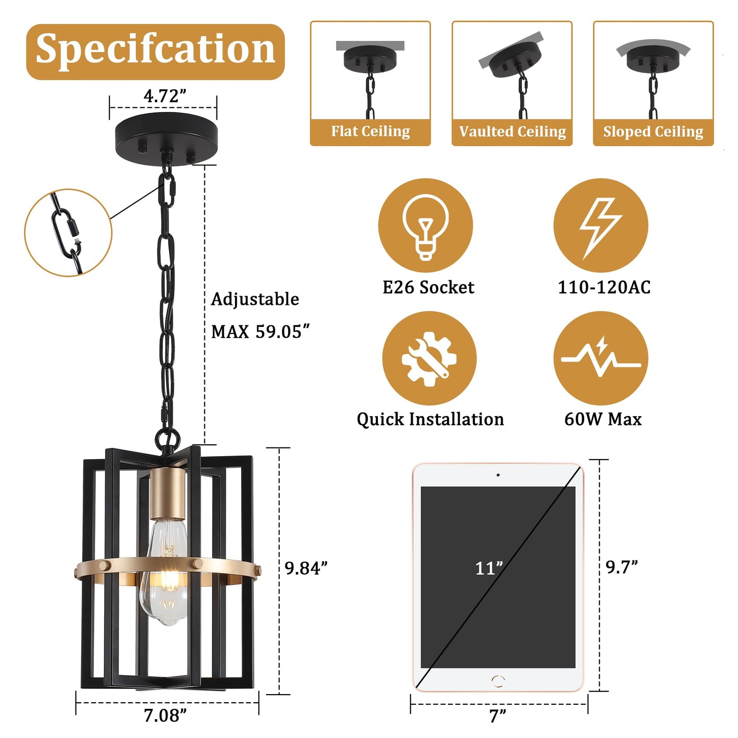 QMNHAU Black and Gold Chandelier Modern Pendant Light Fixtures Adjustable Farmhouse Pendant Lights Kitchen Island Hanging Light Fixture for Entryway Hallway Foyer Dining Room