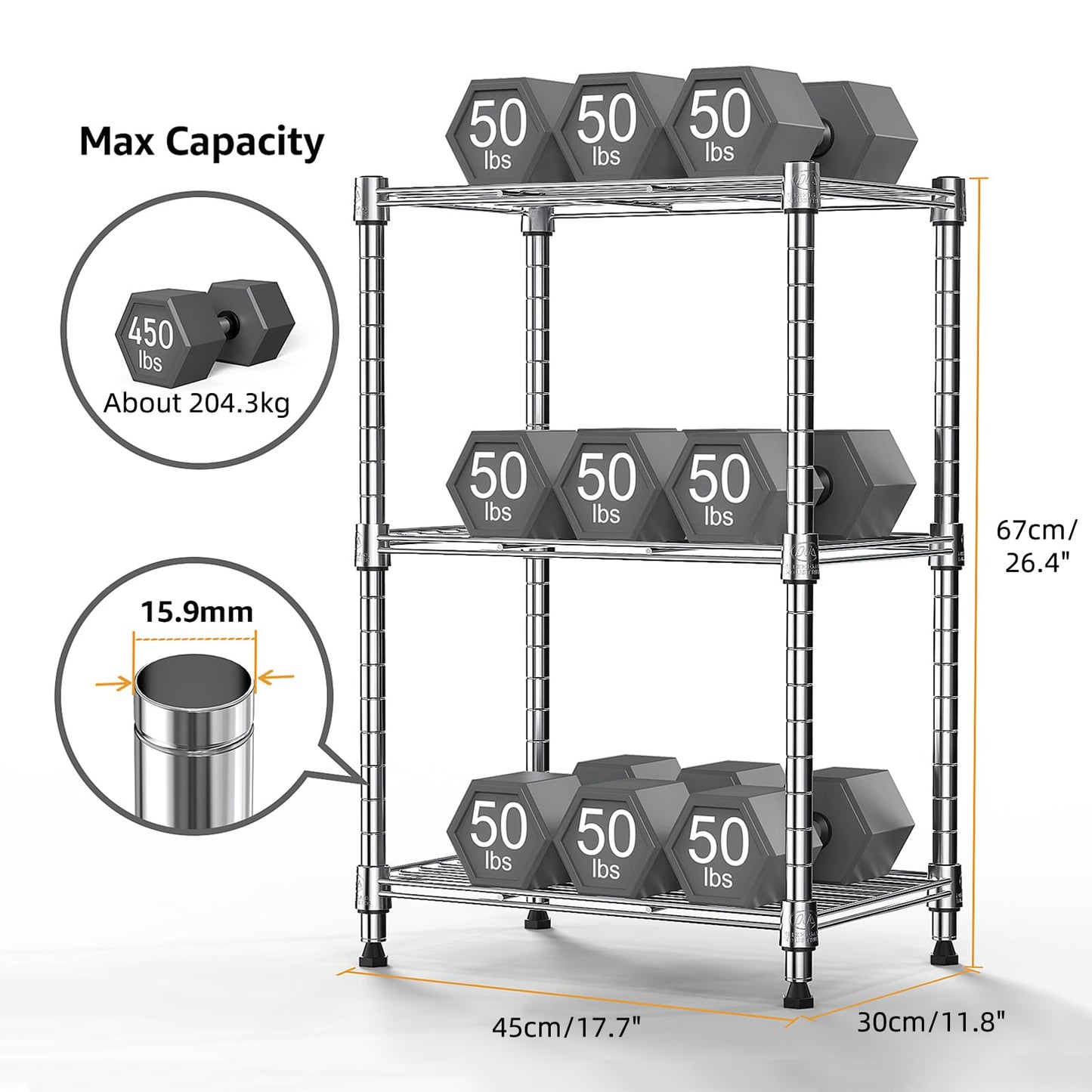 M MZG 450 lbs Wire Storage Shelving 3-Tier Utility Shelving Unit Steel Organizer Wire Rack for Home,Kitchen,Office,Chrome(11.8" D x 17.7" W x 26.4" H)