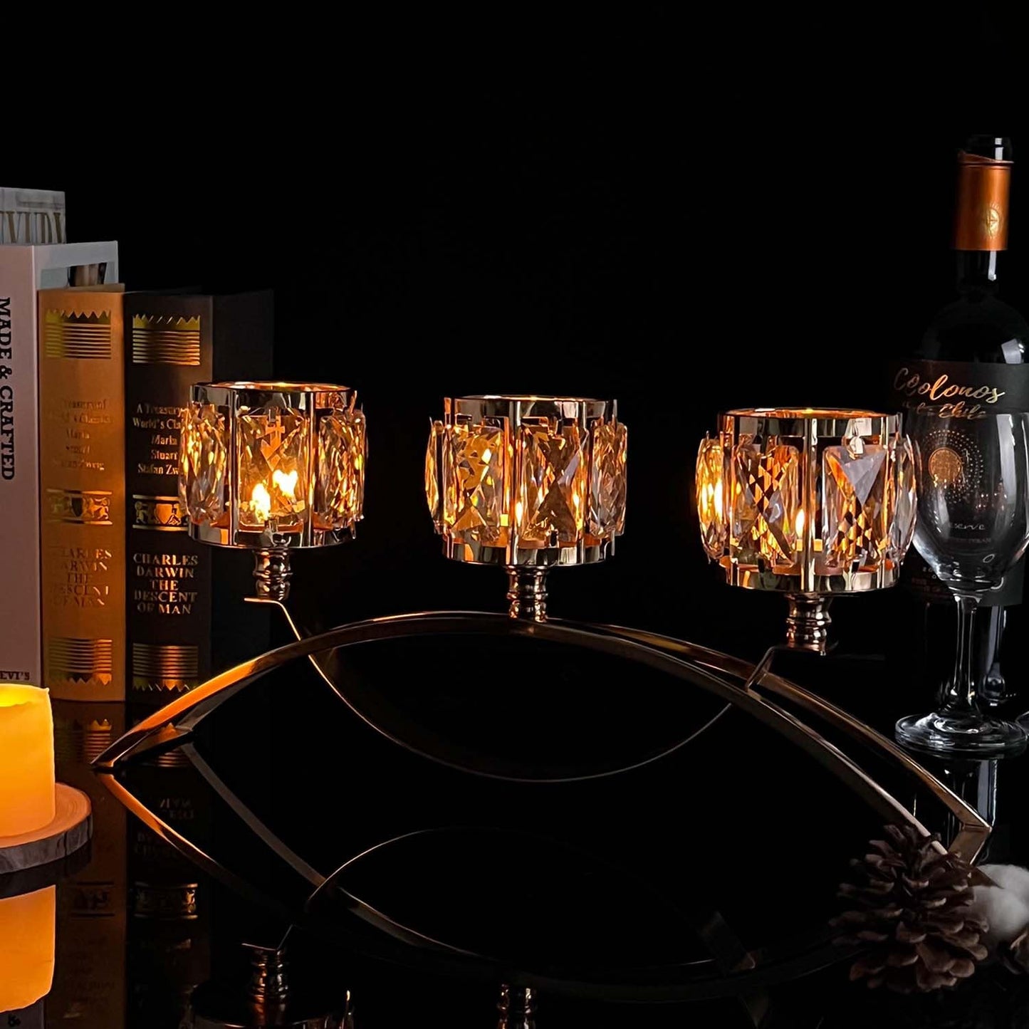 KEHAIL 3 Arms Crystal Candle Holders, Arch Candlestick Table Candelabras Centerpieces for Wedding, Dinning Room, Cabinet Ornaments, Home Decoration, Gift (3-arm Arched, Gold)