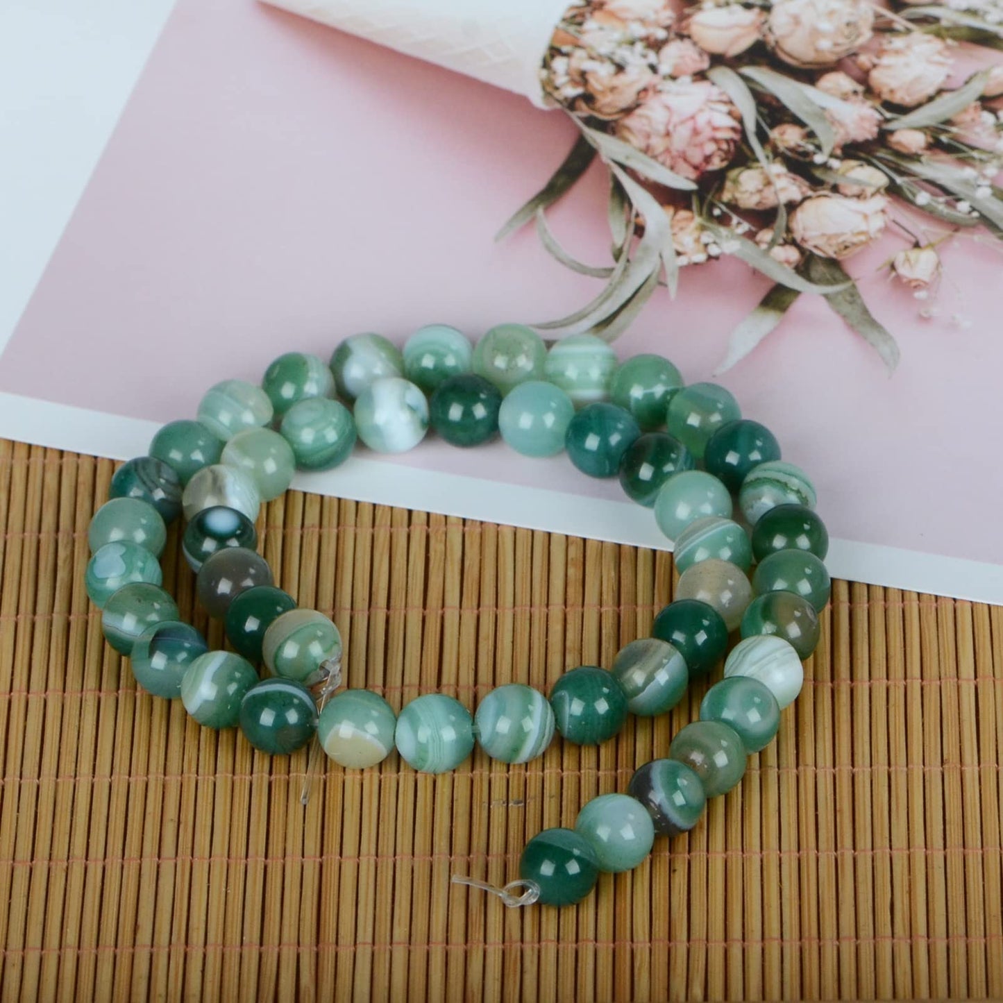ICAI Beads(Green Striped Agate) Natural Stone Gemstone Round Loose Beads Crystal Energy Stone Healing Power for Jewelry Making DIY,1 Strand 35-37pcs(10mm)