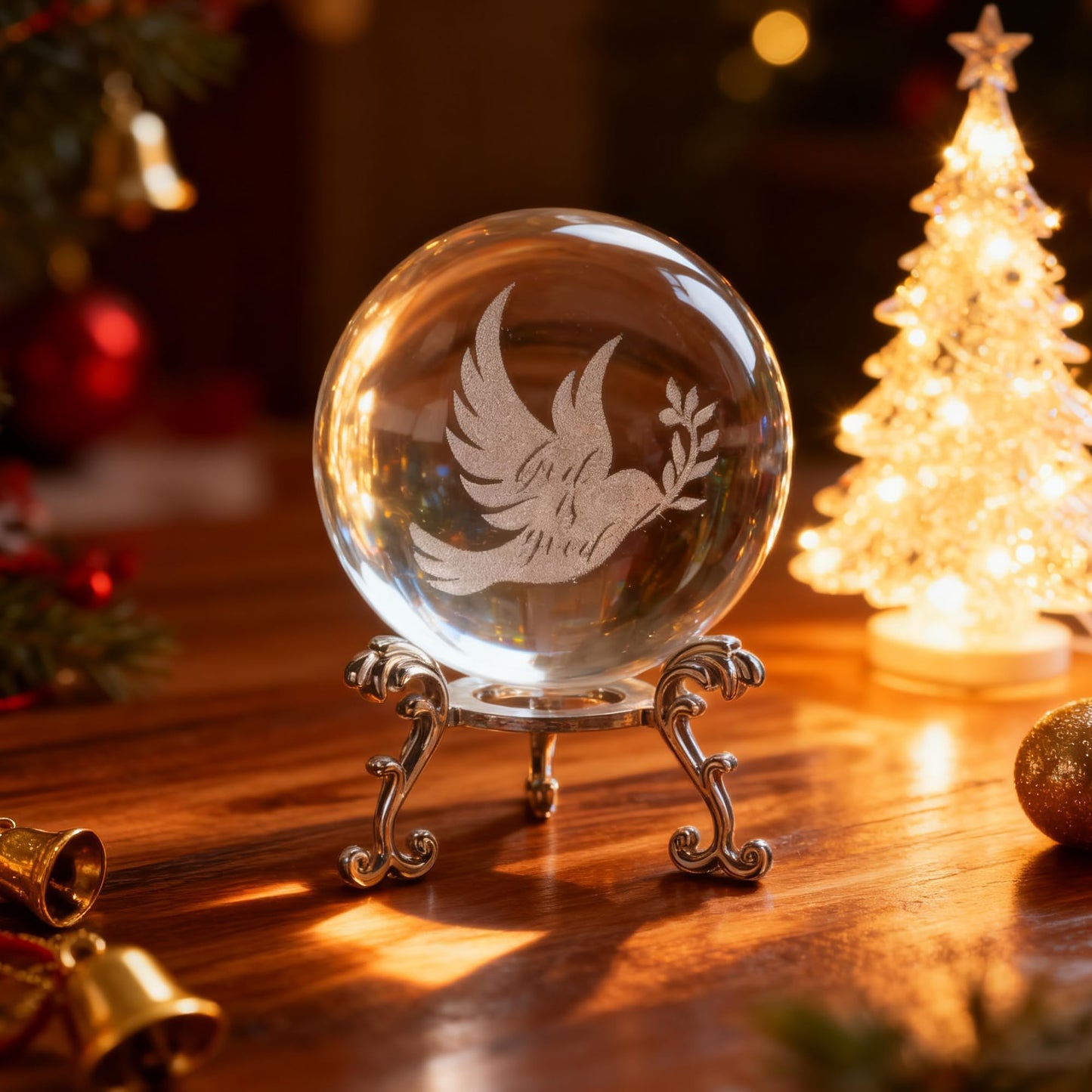 ZEERSHEE 60mm Glass Peace Dove Ball Laser Etched Dove with Olive Branch Crystal Pigeon Ornament with Stand Decor for Home Table