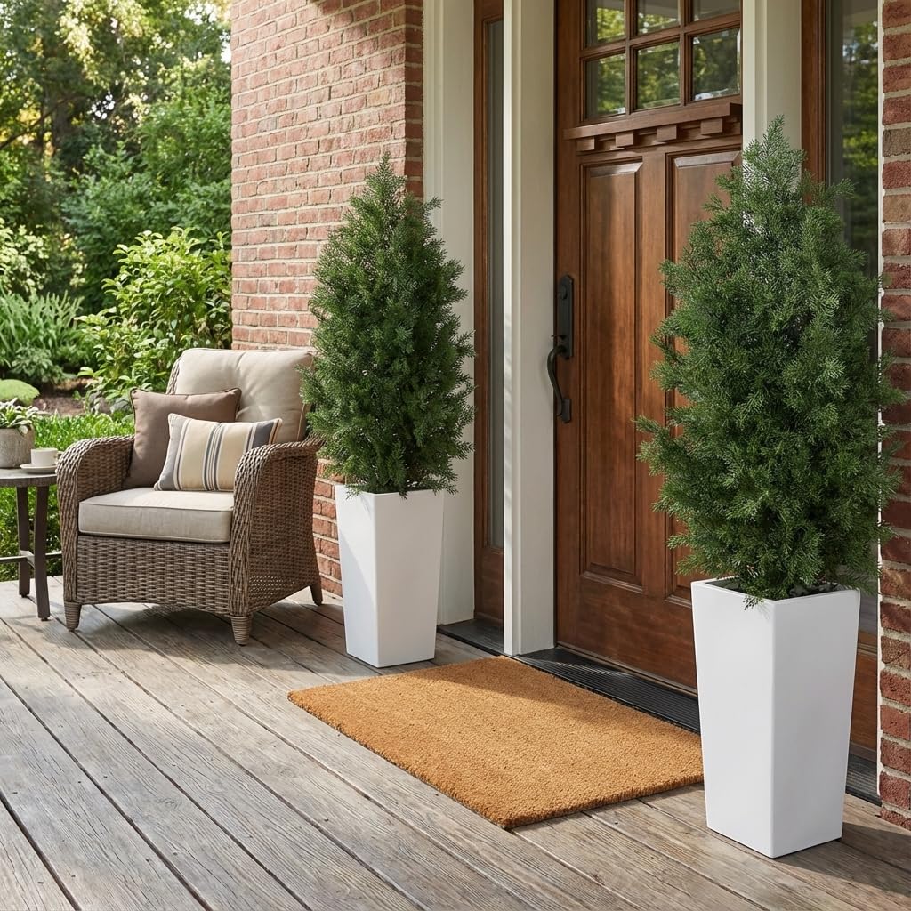 Aveyas 4ft Artificial Cedar Topiary Trees, 4 Feet Faux Potted Plants Evergreen Fake Pine Cypress Tree for Outdoor Porch Home Outside Door Decor (4 ft Tall Including Raised Pot) - Set of 2 Pack