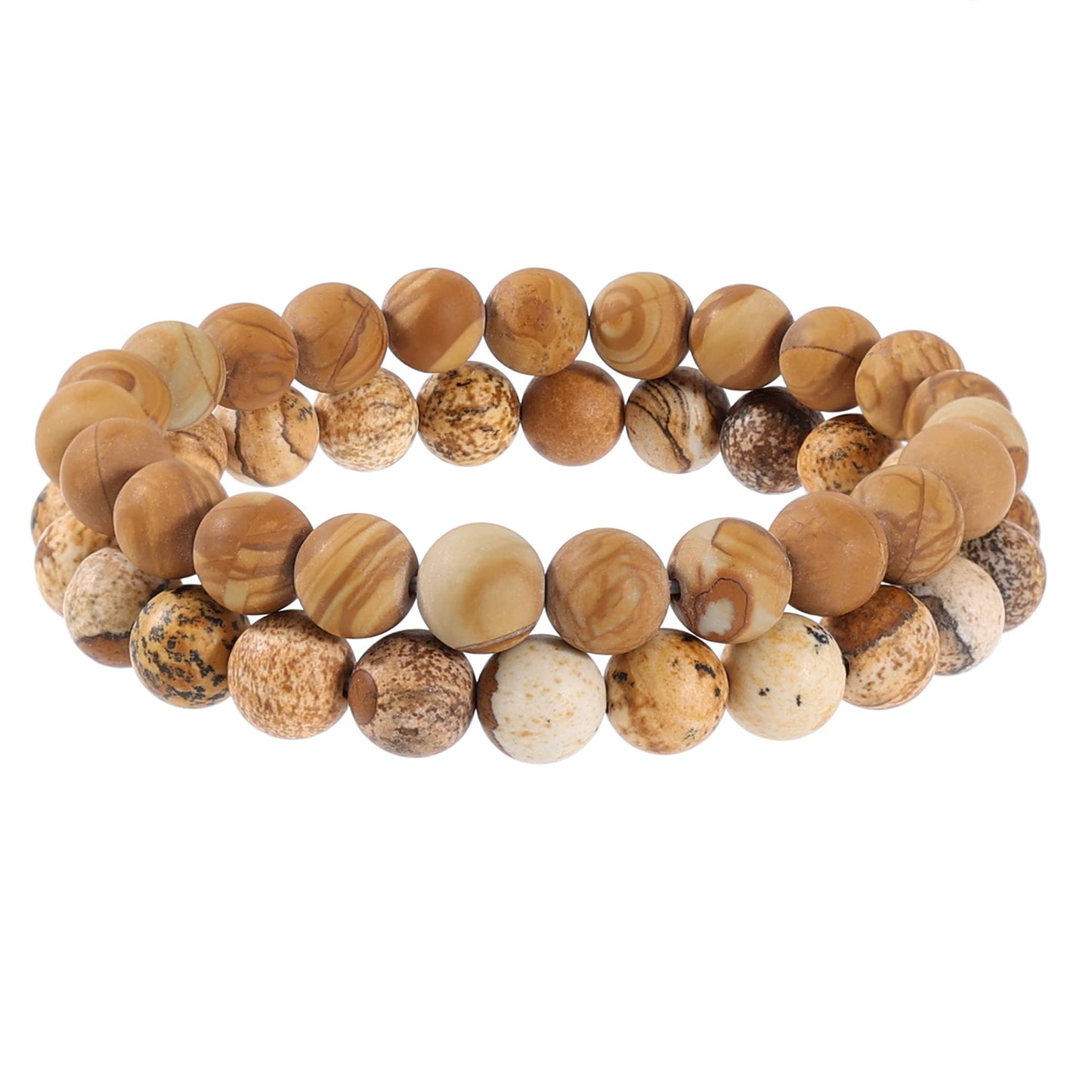 Bivei Natural Gemstone Semi Precious Crystals Handmade Stretchy Round Beads Bracelet, Enhance Positive Energy,Stocking Stuffers for Women(Wood Grain Jasper & Picture Jasper(Creativity) Medium)