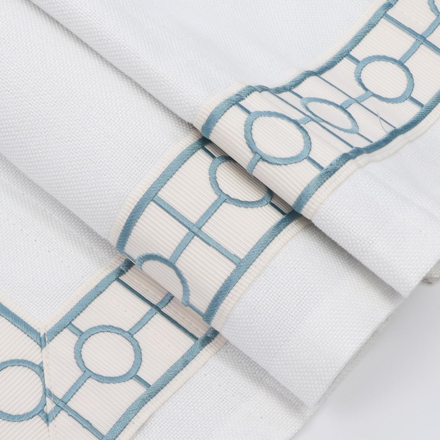 Cordless Roman Shades, Blackout Roman Shades, White Embroidered Blue Border Window Shades for Windows, Doors, Kitchen Windows