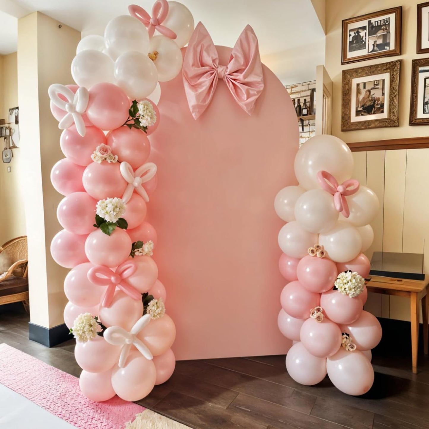 Pink Bow Balloons, 60pcs Pink and White Balloons, Bow Printed Balloon Metallic Confetti Balloon For Girls Women Princess Coquette Birthday Bridal Baby Shower Party Engagement Wedding Anniversary Decor