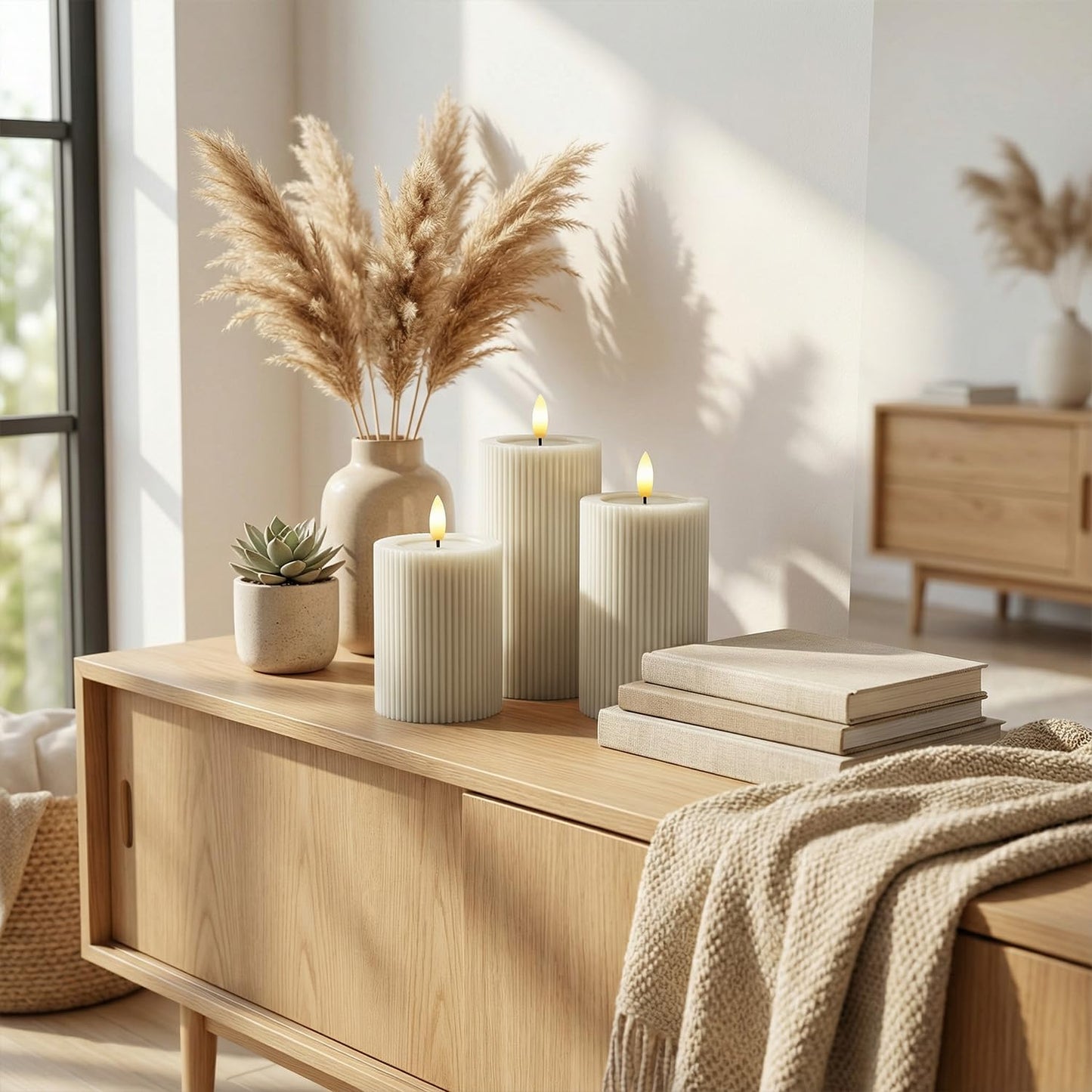 West Ivory Fluted Ribbed LED Pillar Candles, Cream Beige, with Reflective Melted-Wax Effect – Flickering Flame, Remote, Dimmable, Flameless, Battery Operated, Home & Wedding Decor (Set of 3)