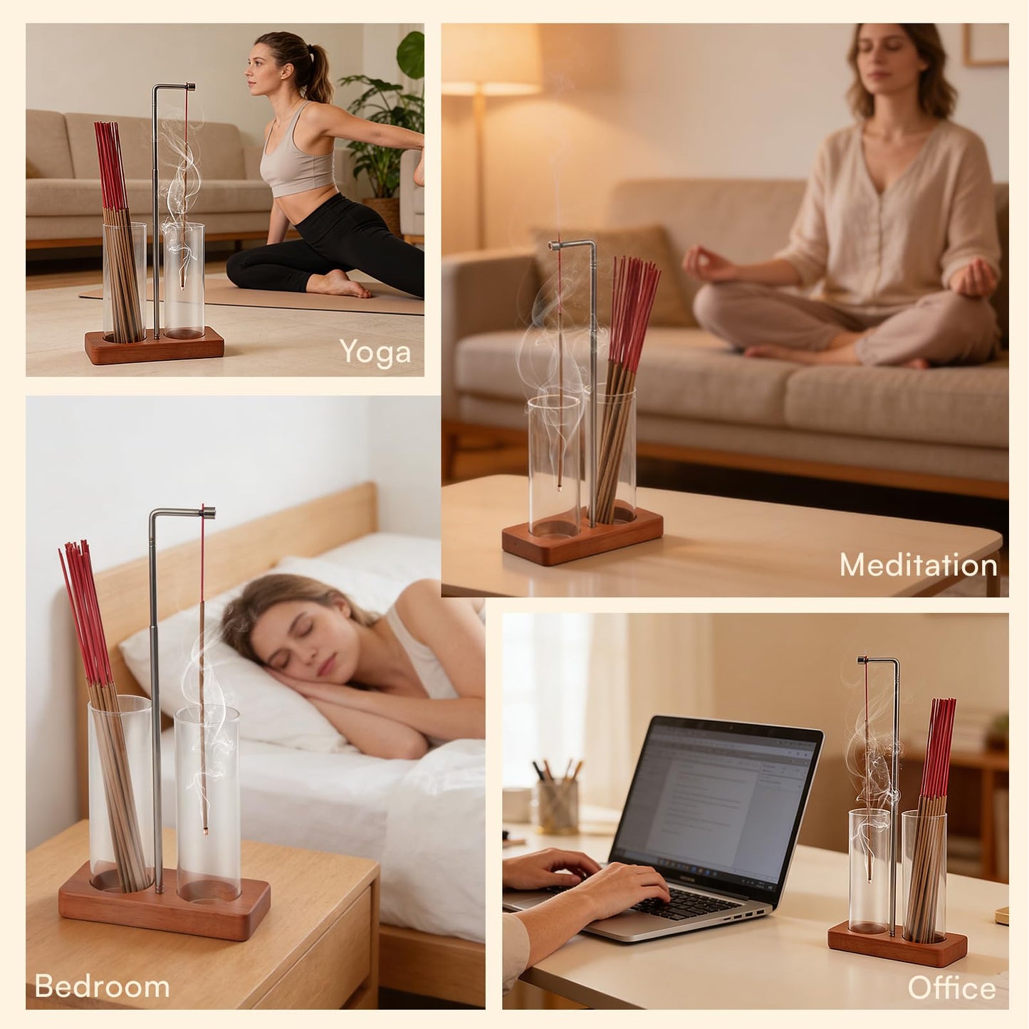 2 in 1 Incense Holder Modern Design– Adjustable Height (8.7"-13.4") with Secure Connection and, Vertical Incense Burner for Sticks & Cones, Glass Ash Catcher for Yoga Meditation Home Office Decor