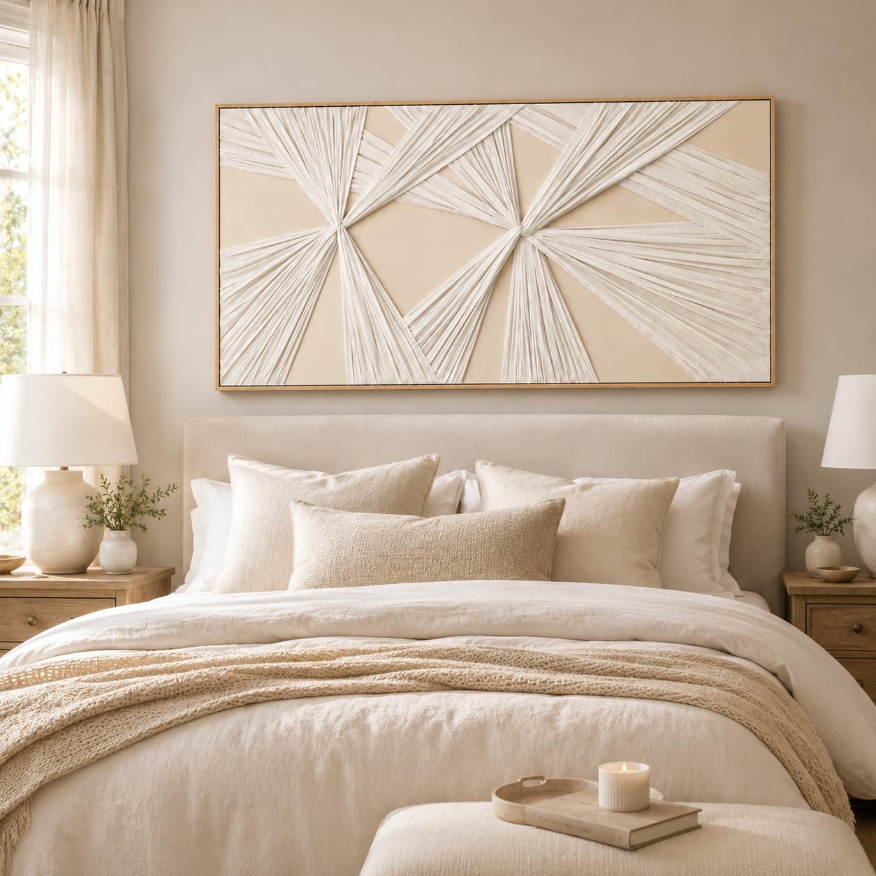 Artists' Handicraft, Extra Large Luxury 3D Fabric Neutral Textured Wall Art, Minimalist Abstract Boho Modern Long Beige Painting Wall Decor for Living Room Bedroom Hallway Office, Horizontal, 54x27 Inces