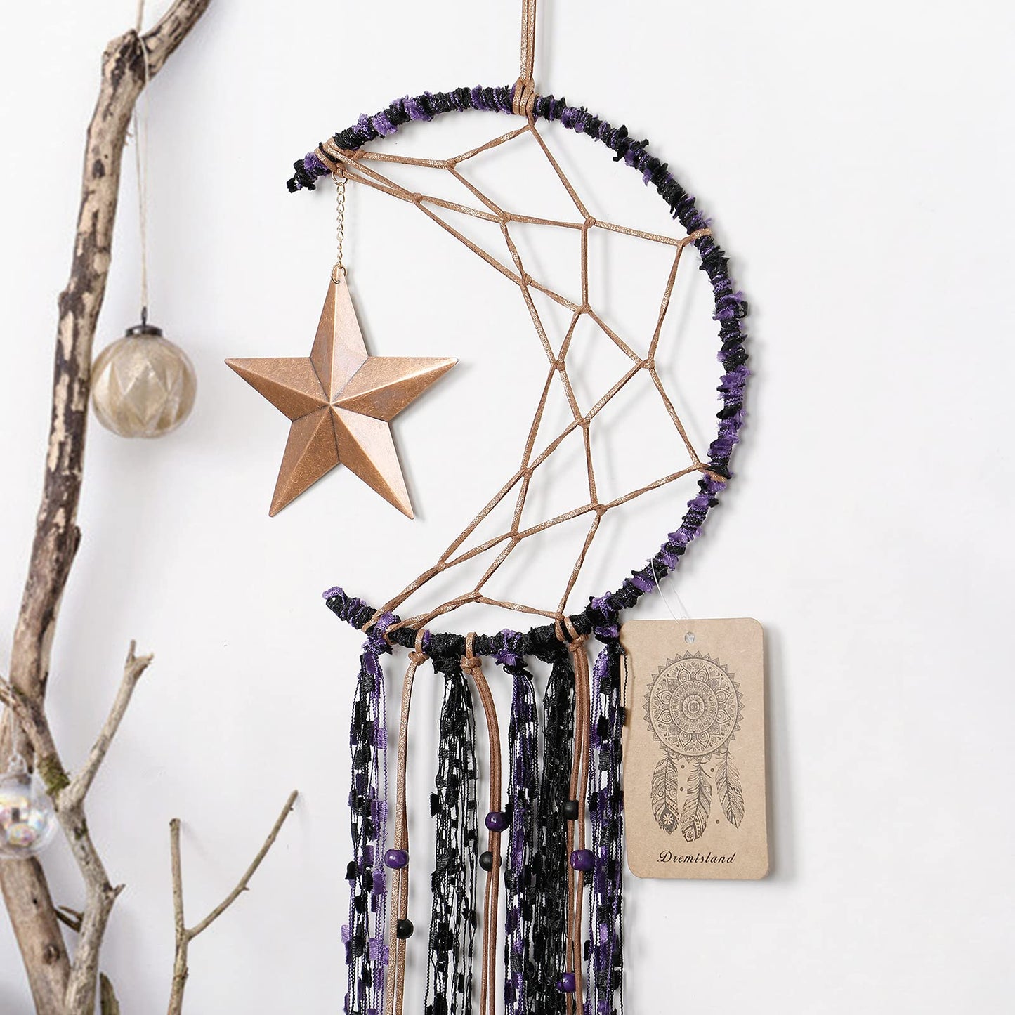 Dremisland Moon Dream Catcher Handmade Half Circle Moon Design Dream Catcher Feather Hanging with Star Home Decoration Ornament Festival Gift (Purple)
